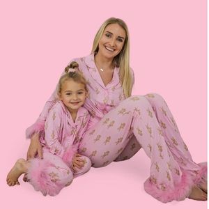 Dream Big Little Co Blushin’ Bunnies Pink Feather Trim Bamboo Dream Pajamas NWT